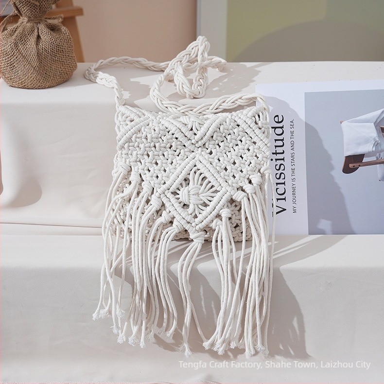 Ženska crossbody torbica, casual, pletena od pamukovog konca, s resicama, plažni stil, inspirirano Korejom
