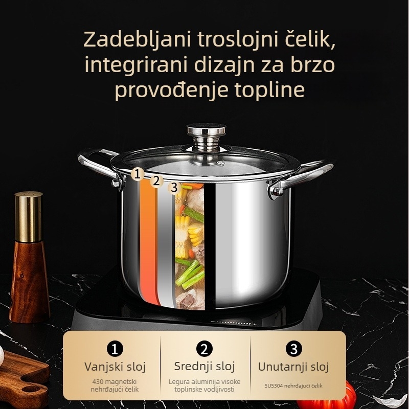 Lonac za juhu od nehrđajućega čelika 304, debelo dno, bez premaza, parni lonac i lonac za gulaš s dvije ručke, kompatibilan s indukcijskim štednjakom