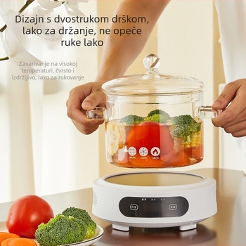 Stakleni lonac za juhu velikog kapaciteta s poklopcem, otporan na visoke temperature, indukcijski kompatibilan, 1,1–2 L, s dvostrukim držačima.