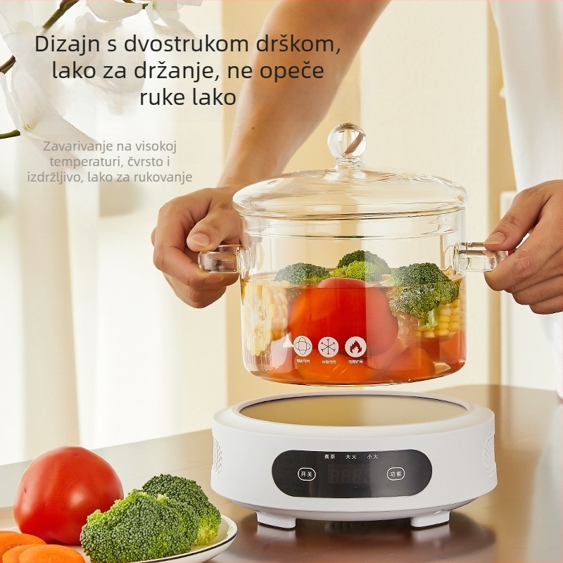 Stakleni lonac za juhu velikog kapaciteta s poklopcem, otporan na visoke temperature, indukcijski kompatibilan, 1,1–2 L, s dvostrukim držačima.
