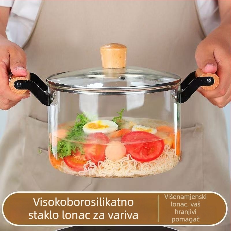 Staklena posuda od borosilikatnog stakla, otporna na visoke temperature, s dvije drvene ručke, debeli stakleni lonac za juhu, staklena posuda za zdravlje, prozirna posuda za crveno vino