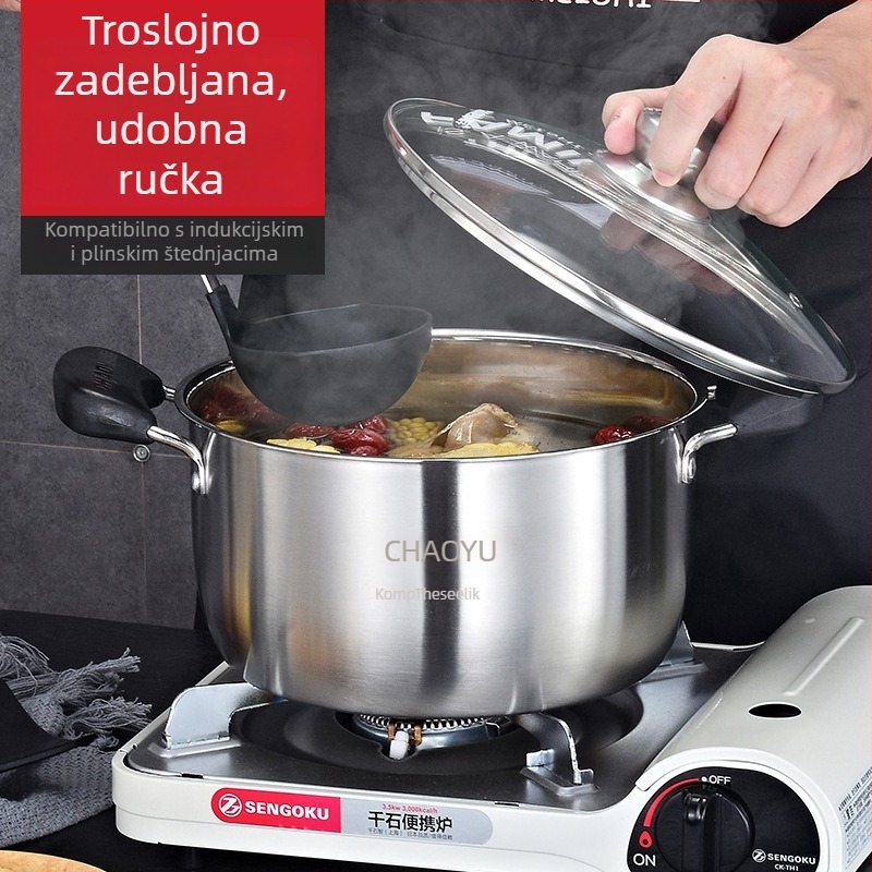 Lonac za juhu s više slojnim dnom od nehrđajućeg čelika, bakelitne dvostruke ručke, zaštita od opeklina, za kućnu kuhinju, pogodan za sve štednjake, velik lonac