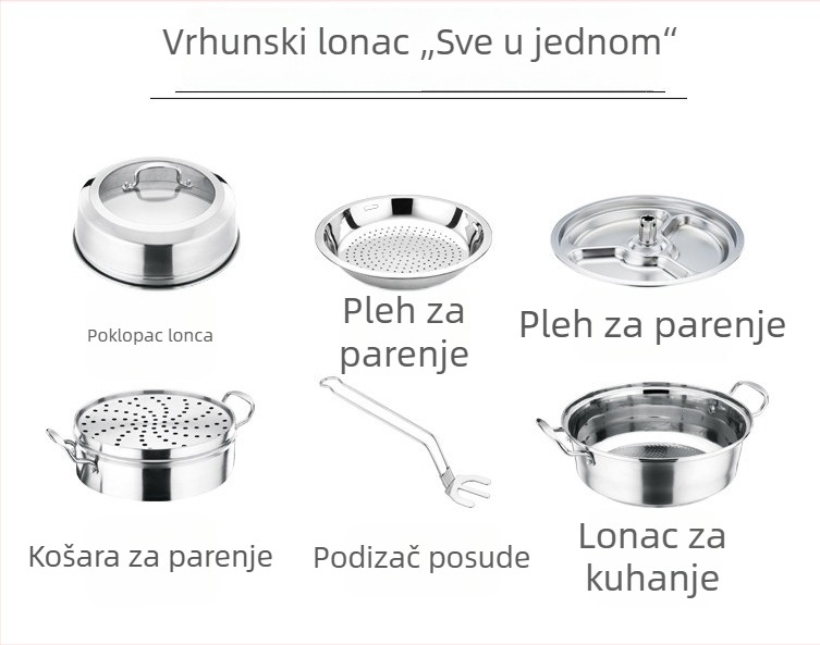 Inox posuda za parenje s pladnjem za paru i košarom, 3 etaže, za juhu i morsko voće, s visokim poklopcem