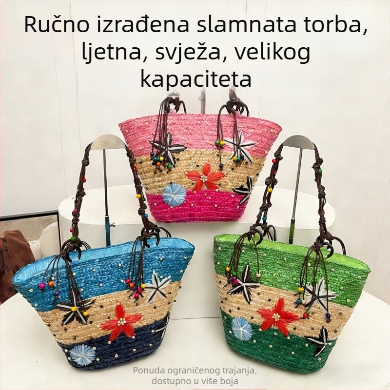 Ženska ljetna torba od slame, velika kapaciteta, dekor morske zvijezde, torba za plažu za odmor