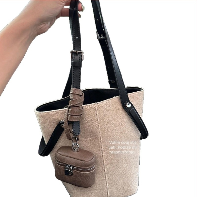 Lanena bucket torba velike kapacitete, dojam vrhuncke kvalitete, svestrana torba za rame ili ispod pazuha, retro gradski stil za žene.