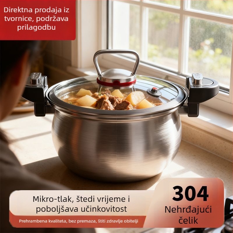 Deblja posuda za juhu od 304 nehrđajućeg čelika, bez premaza, stakleni poklopac, dvostruka ručka, pogodna za plin i indukciju