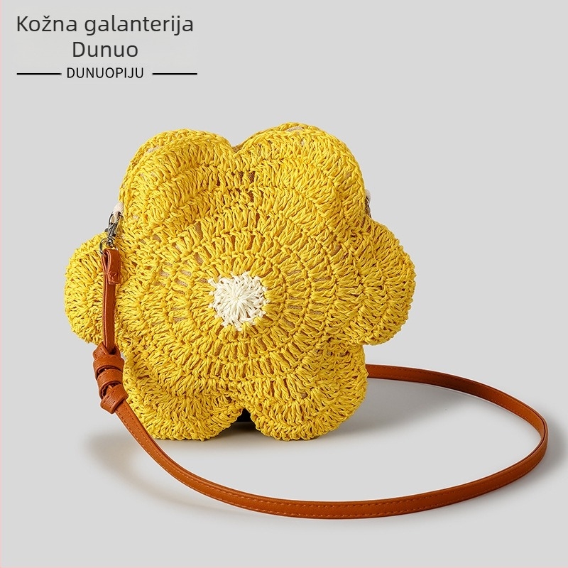 Slatka ručno pletena slamnata torba sa motivom suncokreta za ljeto, plažu i odmor, crossbody torba, ženska moda