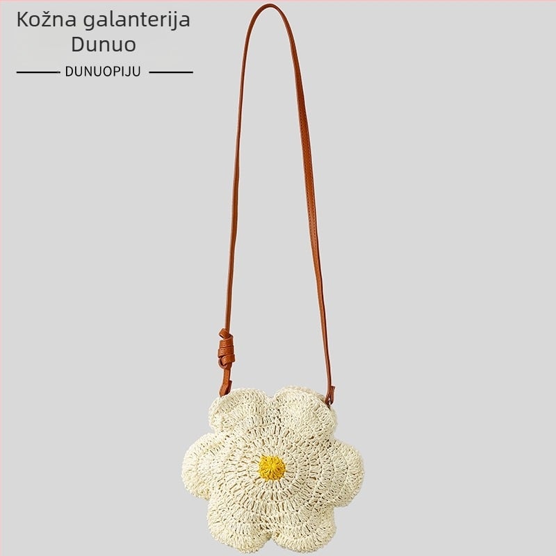 Slatka ručno pletena slamnata torba sa motivom suncokreta za ljeto, plažu i odmor, crossbody torba, ženska moda