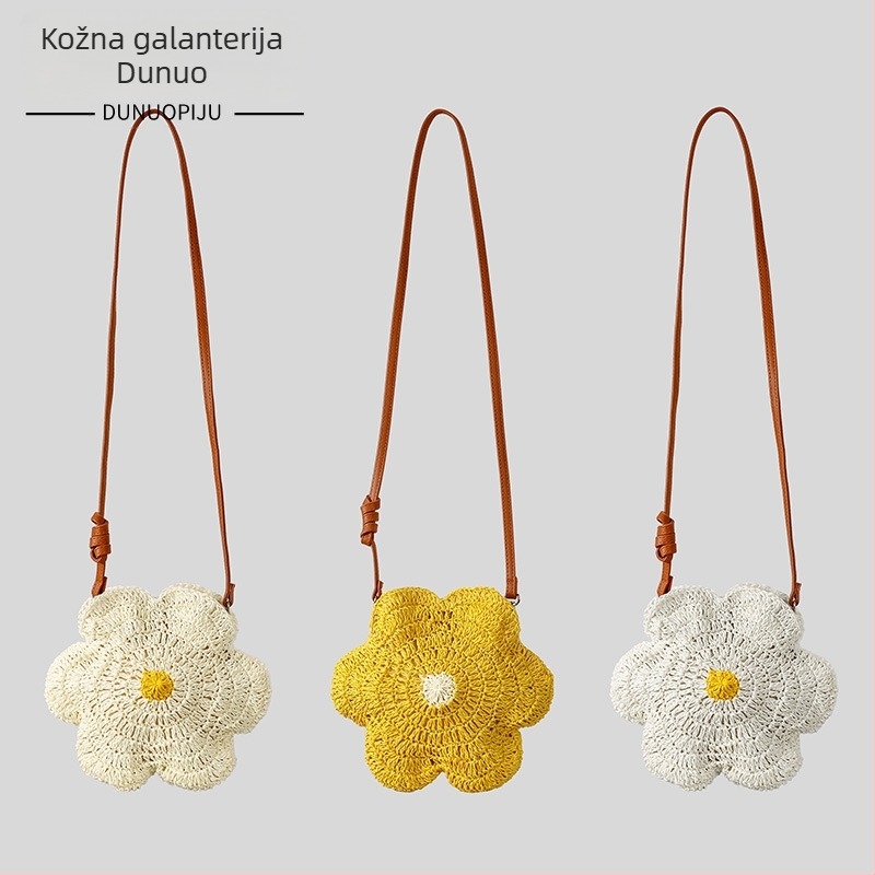 Slatka ručno pletena slamnata torba sa motivom suncokreta za ljeto, plažu i odmor, crossbody torba, ženska moda