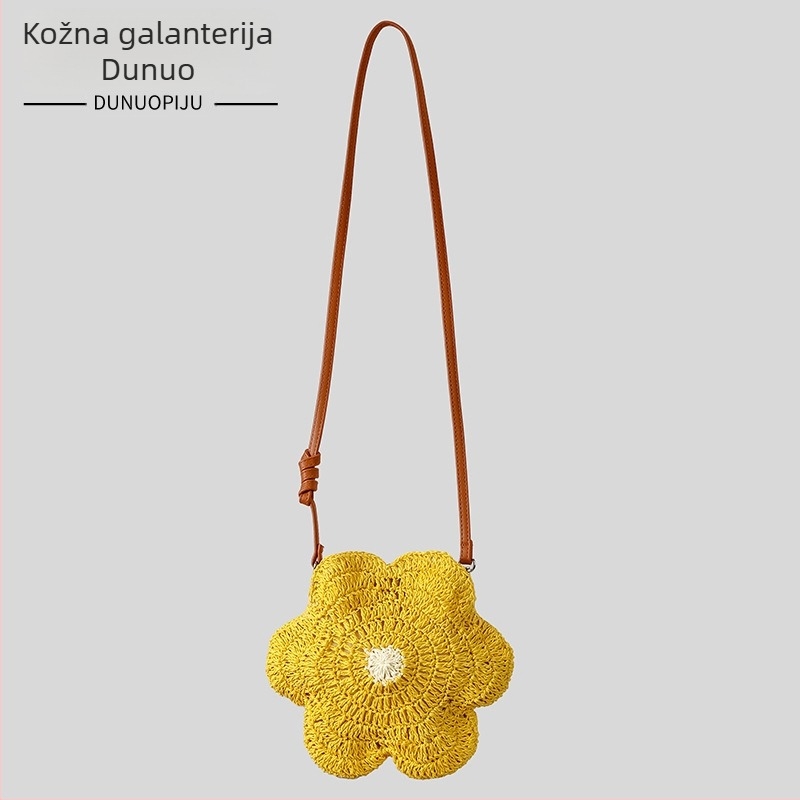 Slatka ručno pletena slamnata torba sa motivom suncokreta za ljeto, plažu i odmor, crossbody torba, ženska moda