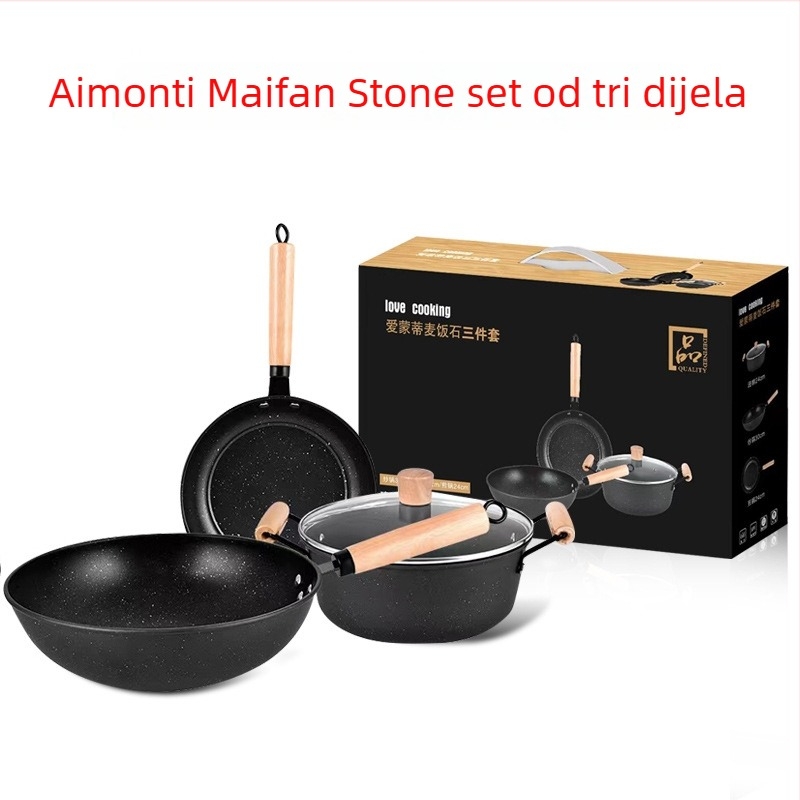 Maifan Stone trodjelni set posuđa: wok, lonac za juhu i tiganj za prženje; ravno dno, željezni tiganj s neprijanjajućom prevlakom.