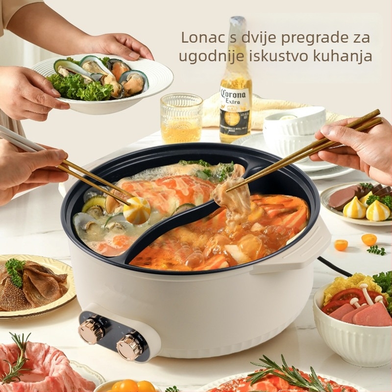 Električni lonac s dvostrukom komorom, ultravelika kapaciteta iznad 6 litara, pogodan za uredska i obiteljska okupljanja te studentske domove