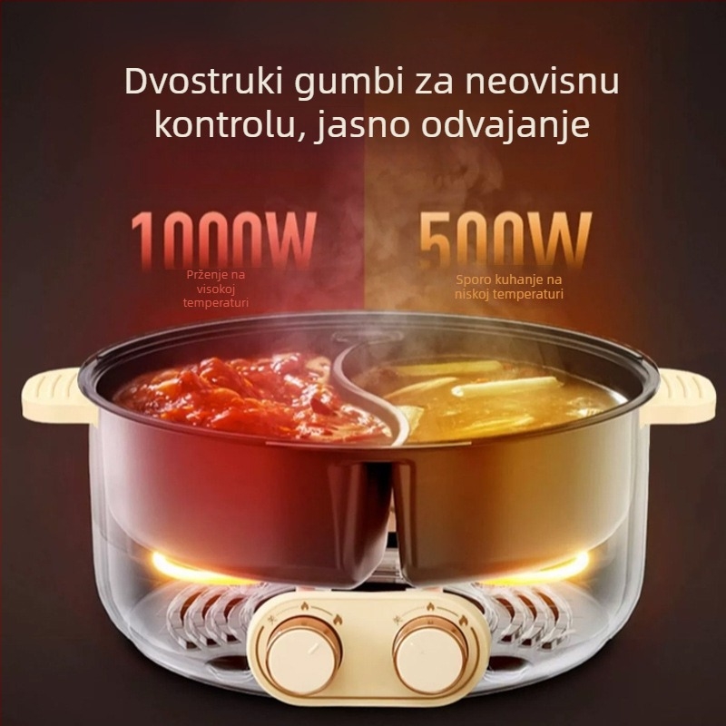 Električni lonac s dvostrukom komorom, ultravelika kapaciteta iznad 6 litara, pogodan za uredska i obiteljska okupljanja te studentske domove