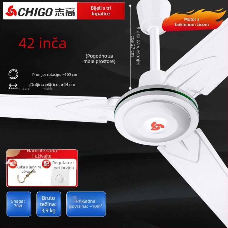 Chigo stropni ventilator FC-30, visoke snage 70W, 220V, daljinsko upravljanje, 3/5 lopatica, za kućnu i industrijsku upotrebu, 50Hz