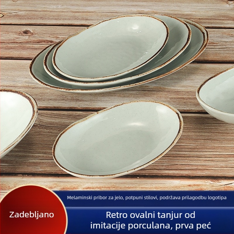 Melaminska ovalna posuda za ribu, imitacija porculana, retro japanski dizajn u obliku brodice, duboki dugi tanjur za hot pot i roštilj