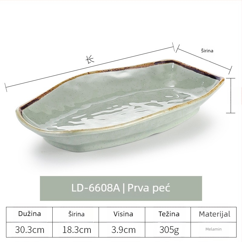 Melaminska ovalna posuda za ribu, imitacija porculana, retro japanski dizajn u obliku brodice, duboki dugi tanjur za hot pot i roštilj