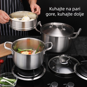 Debela posuda od 304 nehrđajućeg čelika, pogodna za indukciju, višenamjenska s funkcijom parenja, pet slojeva, dvostruke ručke, mala posuda za juhu, parni lonac i lonac za mlijeko