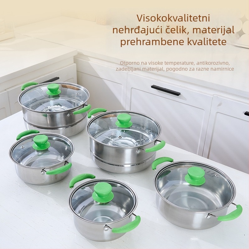 Set parovača od nehrđajućeg čelika sa zelenim drškama, materijal u dodiru s hranom, stakleni poklopac, veličine 16–30 cm, otporan na hrđu