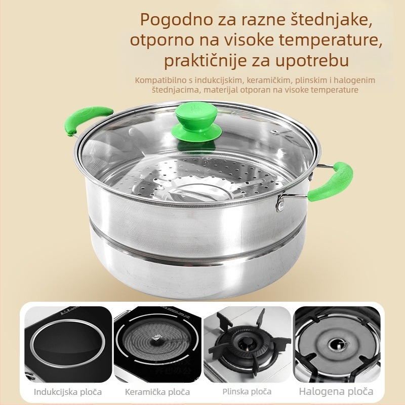 Set parovača od nehrđajućeg čelika sa zelenim drškama, materijal u dodiru s hranom, stakleni poklopac, veličine 16–30 cm, otporan na hrđu