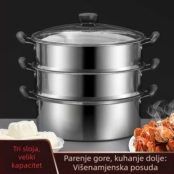 Nehrđajući čelični parni lonac s dvije ili tri razine, velik kapacitet za juhe i gulaše; za kućnu i gospodarsku upotrebu; kompatibilan s indukcijskim i plinskim pločama.