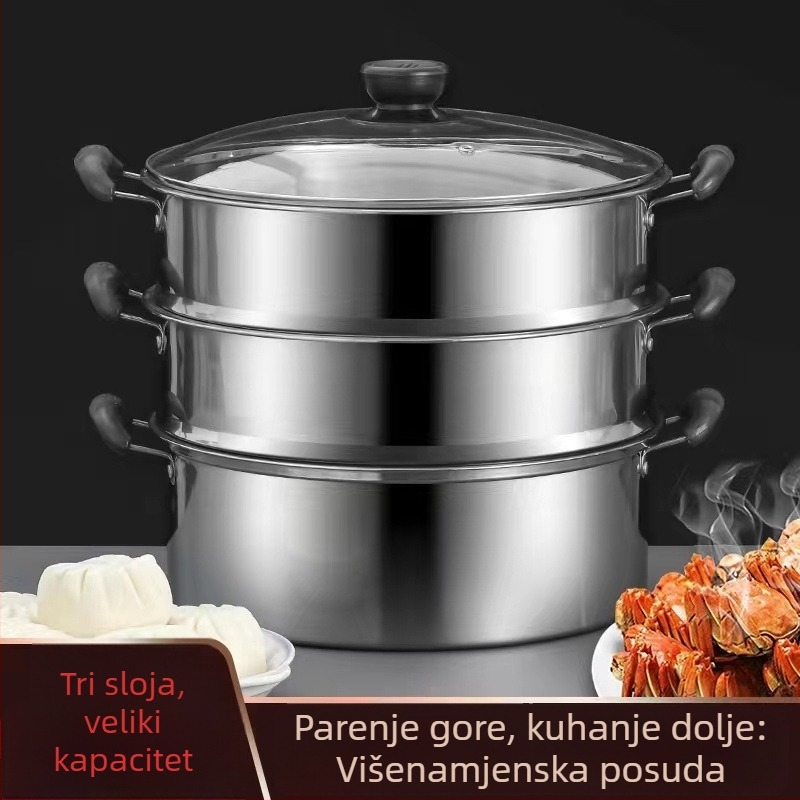 Nehrđajući čelični parni lonac s dvije ili tri razine, velik kapacitet za juhe i gulaše; za kućnu i gospodarsku upotrebu; kompatibilan s indukcijskim i plinskim pločama.