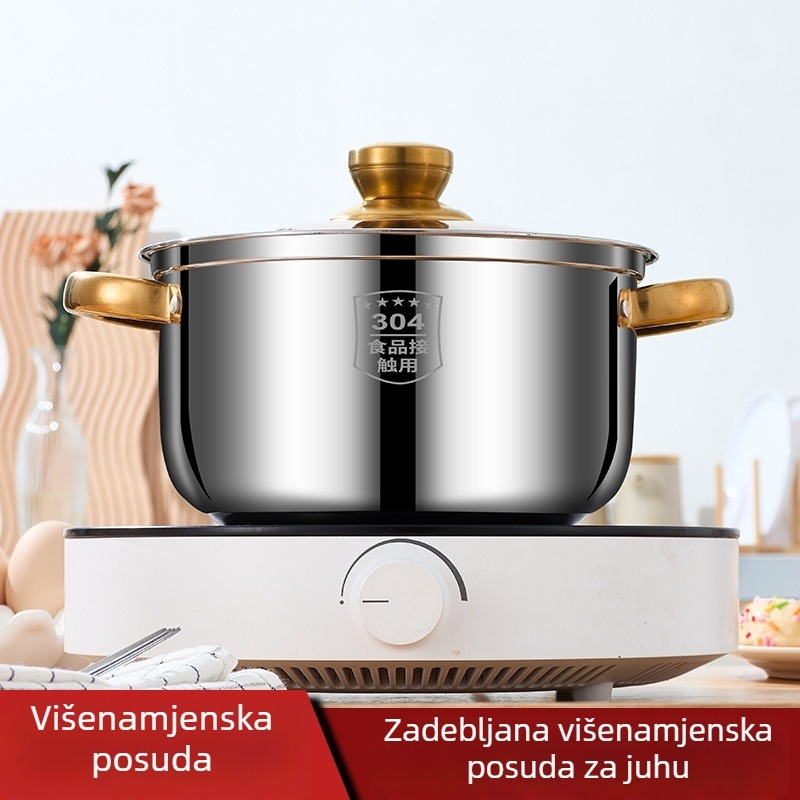 Zgušnjena višenamjenska posuda za juhu s zlatnim ručkama, 20 cm, posuda za mlijeko, kompatibilna s indukcijskim pločama i plinskim štednjakom