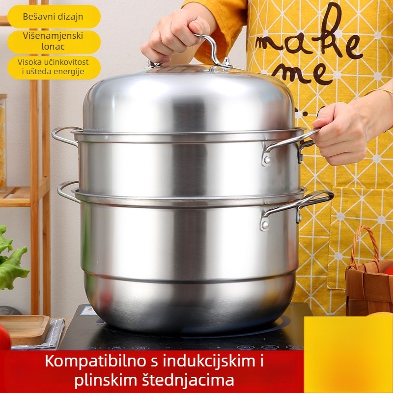 Tri-slojni nehrđajući čelični lonac za kuhanje na paru, za kućnu upotrebu, prehrambene kvalitete, veliki kapacitet, debela konstrukcija, za kuhanje ribe na pari