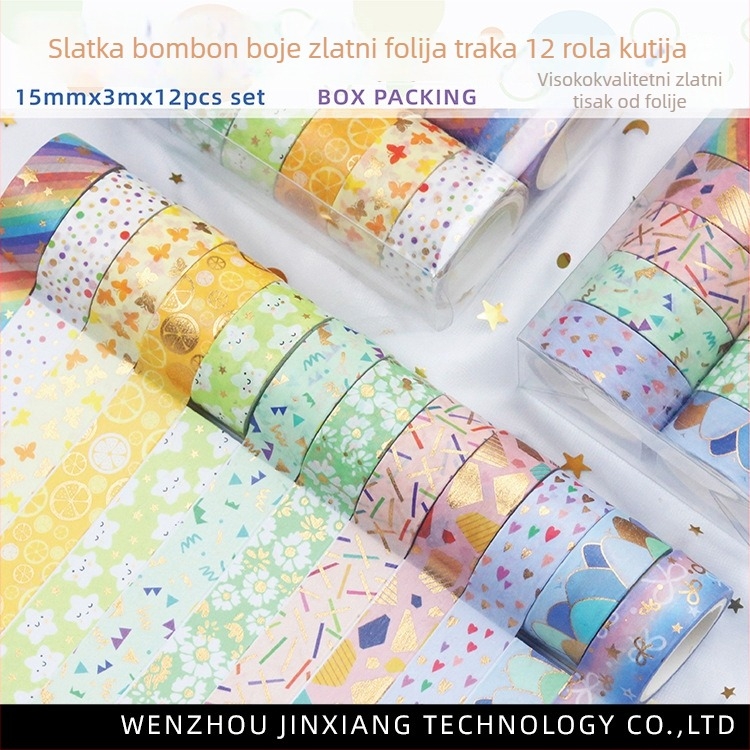 DIY planer washi traka – 12 rolni, boje bombona sa zlatnom folijom