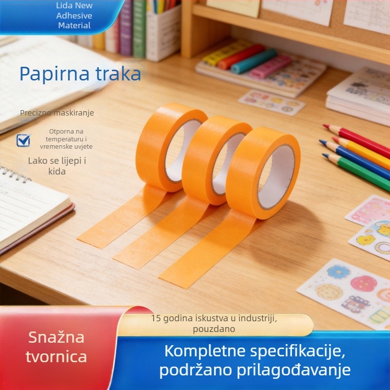 Washi traka za maskeiranje za sprej bojanje i dekoraciju, visoka adhezija, otporna na visoke temperature, žuta, papirnata traka, širina 5–800 mm, duljina 30 m, otpornost na temperature do 150°C kratkoročno i 130°C dugoročno