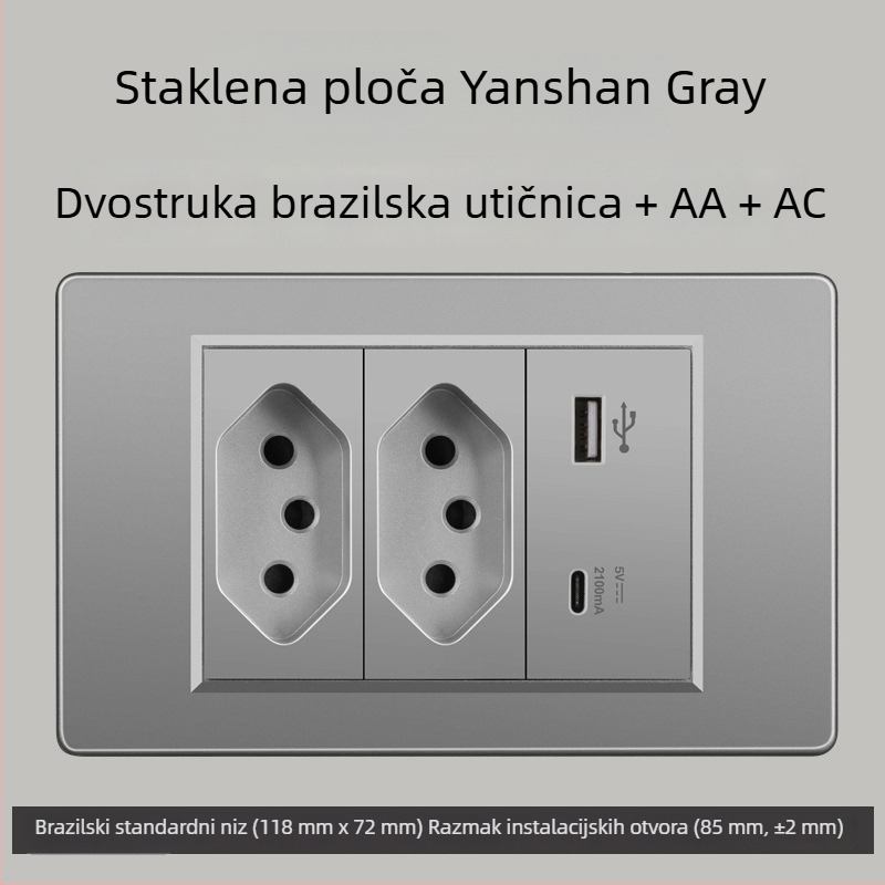 Zidna utičnica s USB Type-C, 3-pins, brazilski standard, 10A, sivi panel