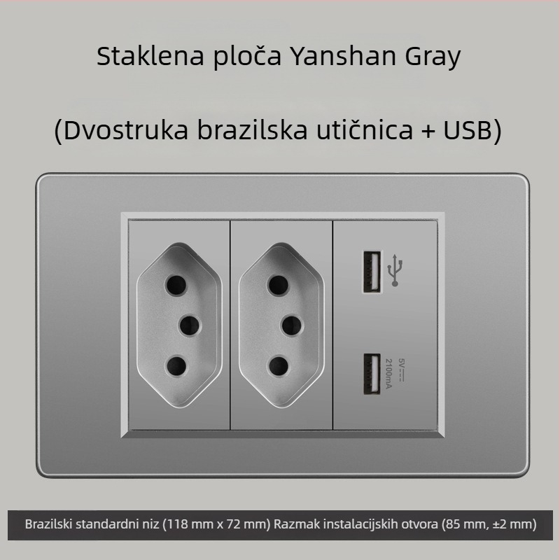 Zidna utičnica s USB Type-C, 3-pins, brazilski standard, 10A, sivi panel