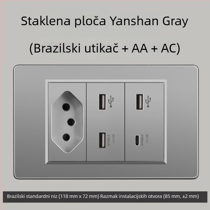 Zidna utičnica s USB Type-C, 3-pins, brazilski standard, 10A, sivi panel
