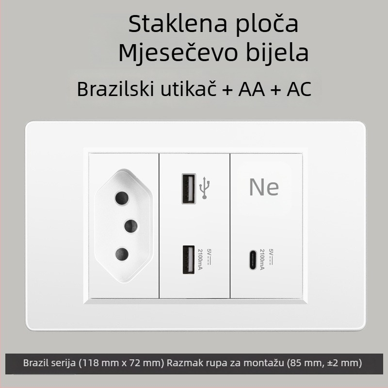 Zidna utičnica s USB Type-C, 3-pins, brazilski standard, 10A, sivi panel