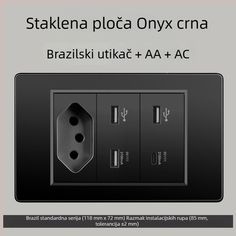 Zidna utičnica s USB Type-C, 3-pins, brazilski standard, 10A, sivi panel