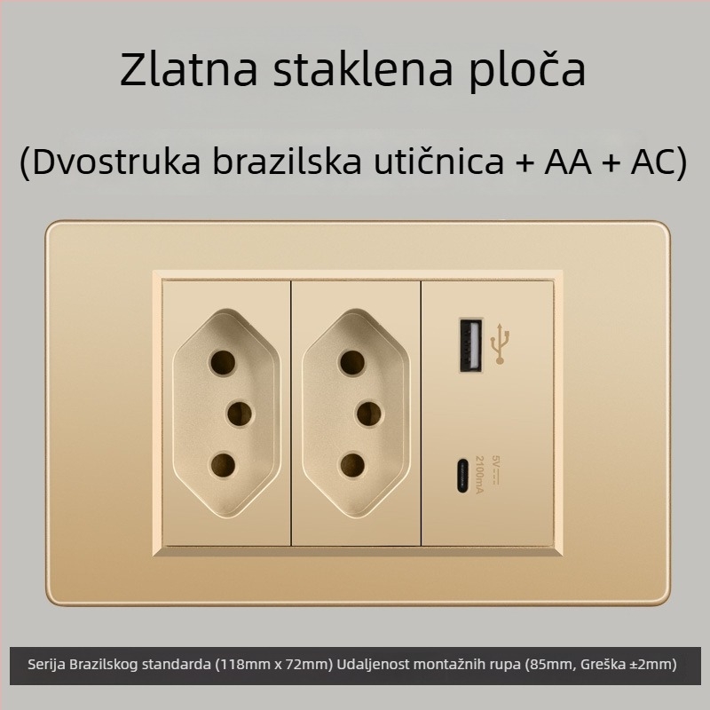 Zidna utičnica s USB Type-C, 3-pins, brazilski standard, 10A, sivi panel