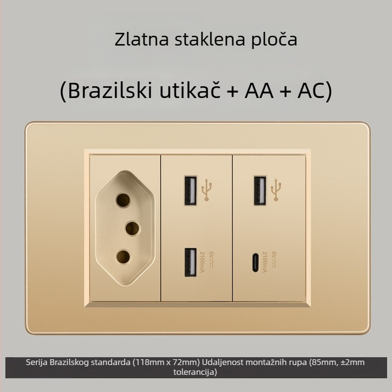 Zidna utičnica s USB Type-C, 3-pins, brazilski standard, 10A, sivi panel