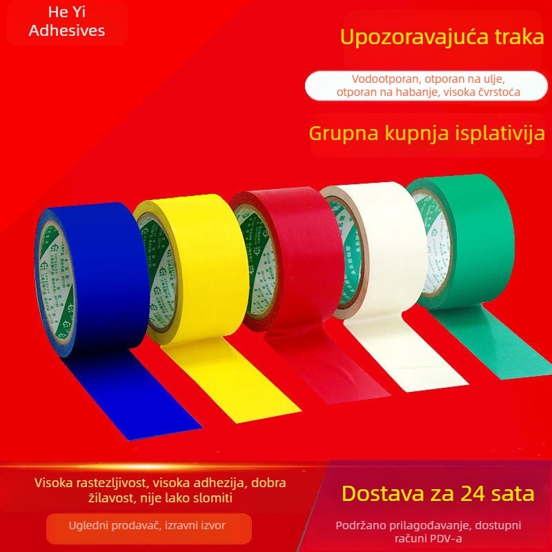 PVC upozoravajuća traka za označavanje poda, otporna identifikacijska traka u crvenoj, žutoj, plavoj i zelenoj boji, širina 4,3 cm, debljina 0,14 mm