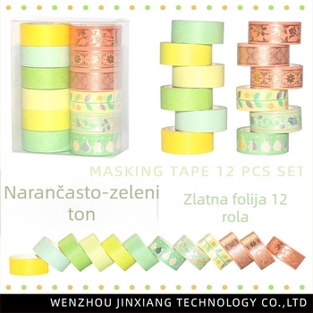 12 rolni washi trake u nijansi narančasto-zelene, s zlatnom i srebrnom folijom, za DIY ukrase dnevnika