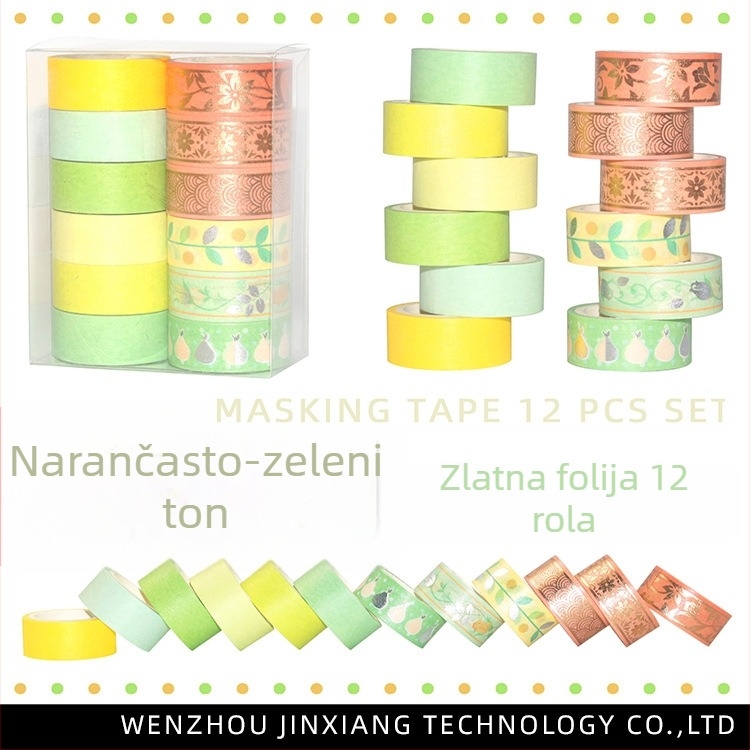 12 rolni washi trake u nijansi narančasto-zelene, s zlatnom i srebrnom folijom, za DIY ukrase dnevnika