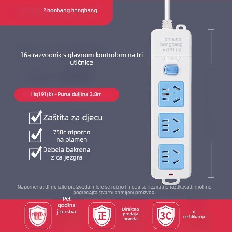 Produžni kabel 16A s više utičnica za klimatizaciju i bojler