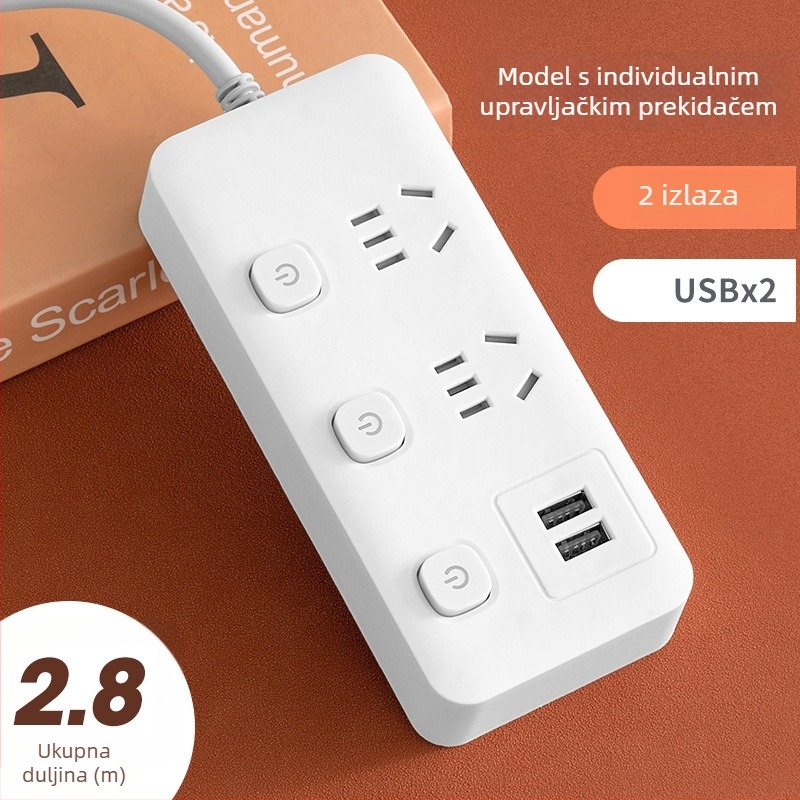 USB produžni kabel za ured s više utičnica i pojedinačnim prekidačima, pametni produžni kabel za dom i studentski dom