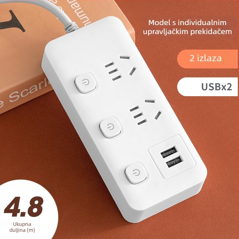 USB produžni kabel za ured s više utičnica i pojedinačnim prekidačima, pametni produžni kabel za dom i studentski dom