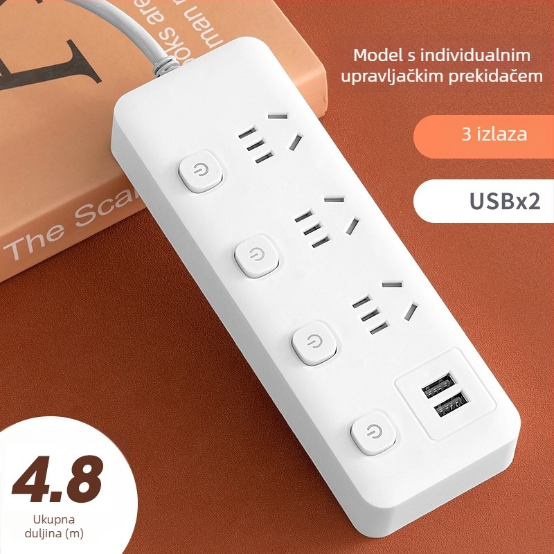 USB produžni kabel za ured s više utičnica i pojedinačnim prekidačima, pametni produžni kabel za dom i studentski dom