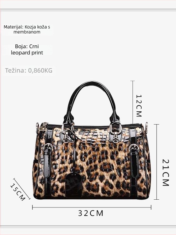 Ženska torbica od prave kože u Boston stilu, leopard uzorak, s ručnim i crossbody nošenjem, velika kapaciteta