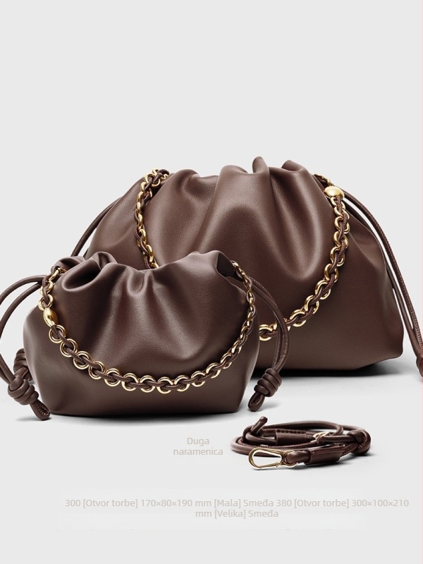 Ženska torba od prave kože sa šnurlom, bucket stil, za rame ili crossbody s lancem remenom