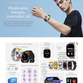 Pametni sat 2025, novi model, 2,01 inča HD zaslon, IP68 vodootporan, Bluetooth pozivi, sportski dizajn