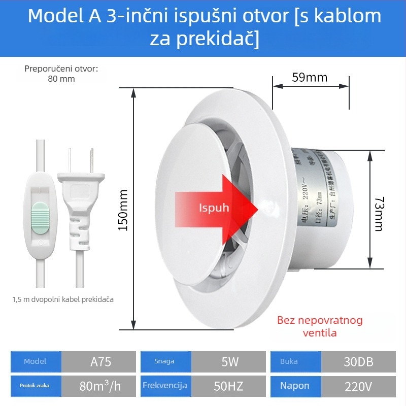 Ventilator za kupaonicu, tih dvostrani ispušni ventilator, zidni/prozorski tip, kućna upotreba, kuhinja, daljinski upravljač