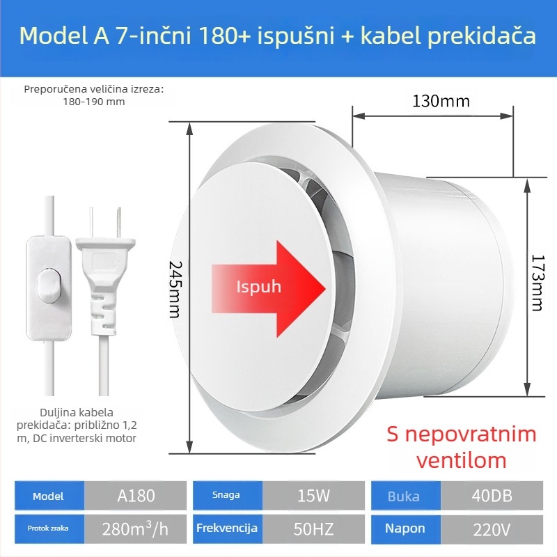 Ventilator za kupaonicu, tih dvostrani ispušni ventilator, zidni/prozorski tip, kućna upotreba, kuhinja, daljinski upravljač
