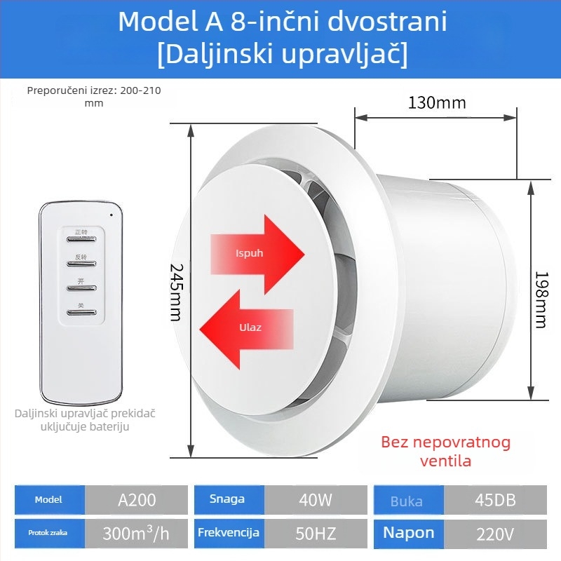 Ventilator za kupaonicu, tih dvostrani ispušni ventilator, zidni/prozorski tip, kućna upotreba, kuhinja, daljinski upravljač