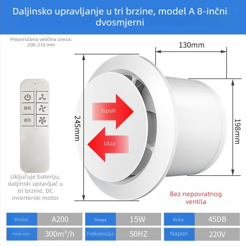 Ventilator za kupaonicu, tih dvostrani ispušni ventilator, zidni/prozorski tip, kućna upotreba, kuhinja, daljinski upravljač